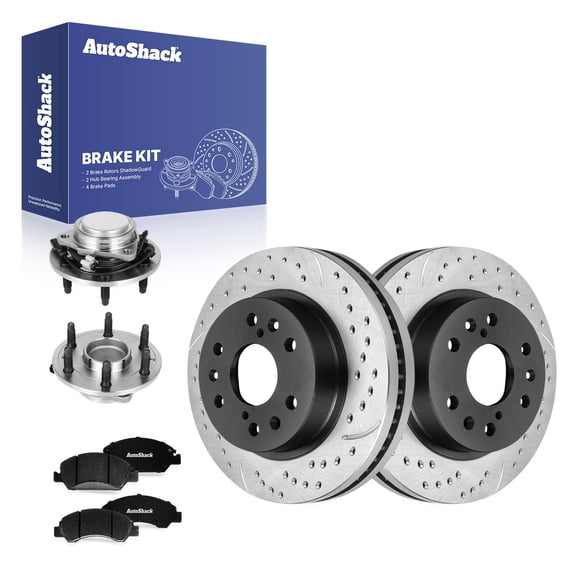AutoShack Front Vented Drilled & Slotted E-Coated Brake Rotors   Premium Ceramic Pads   Hub Bearing Assembly 8-PC Brake Kit Replacement for 2014-2018 GMC Sierra 1500 ShadowGuard 12.99" (329.9 mm)