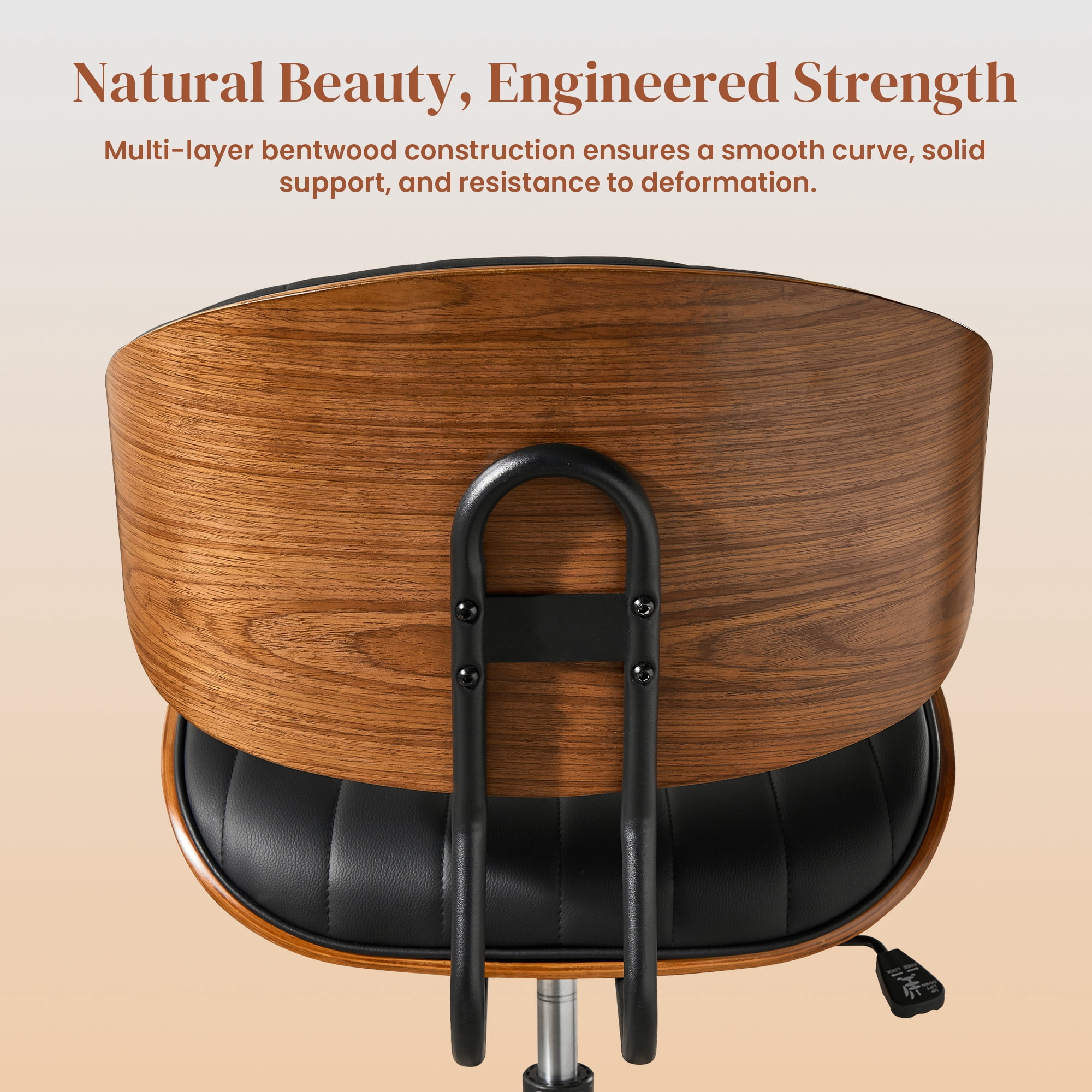 XIZZI Home Office Chair, Armless Mid-Century Ergonomic Desk Chair with 3" Thick Cushion, Premium PU Leather Mid Back 360 Swivel Computer Chair with Walnut Design, Ribbed Black