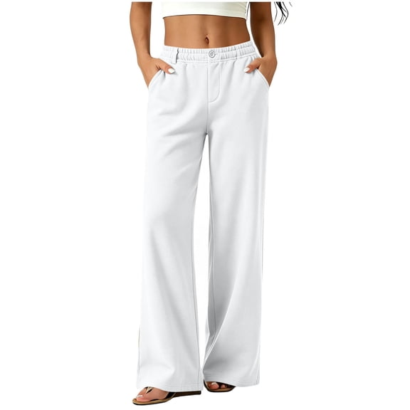 AherBiu Sweatpants for Women Straight Leg Button Elastic Low Rise Casual Pants Loose Fitted Trousers with Pockets(X-Large,White)