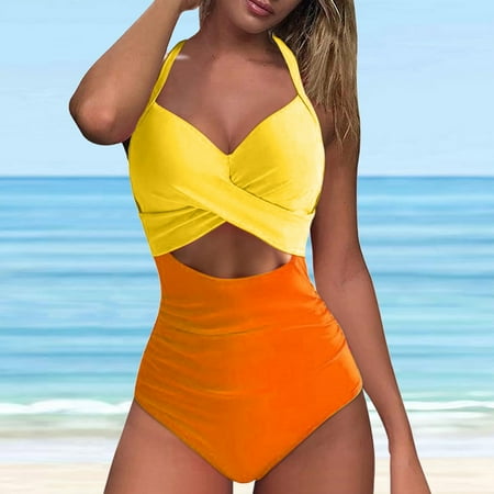 xIANGYUN One Piece Swimsuit Women Tummy Control Swimsuits for Women Bathing Suit for Women One Piece Thong Swimsuit Women Ladies  Cut Out Backless Tight Strap Bikini Swimsuit Yellow L
