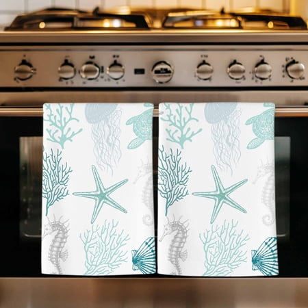 Turquoise Coastal Kitchen Towels Set of 4 Nautical Summer Beach Coral Sea Turtle Absorbent Dish Towels for Kitchen Microfiber Hand Towel Quick Drying Tea Towel for Cleaning Decorative Dishcloths