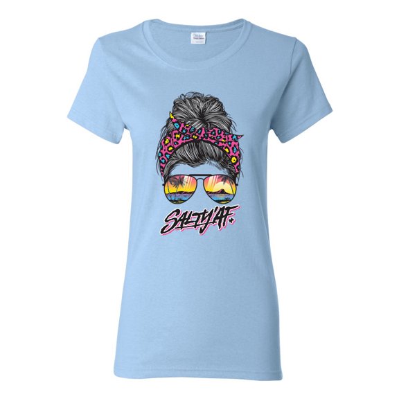 Messy Bun Salty AF | Cool Neon Leopard Print Bandana | Fashion Womens T-Shirt, Light Blue, L