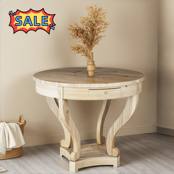 Tcbosik Farmhouse Round Coffee Table, 31.5" Wooden Center Table with 2 Drawers for Living Room, Natural