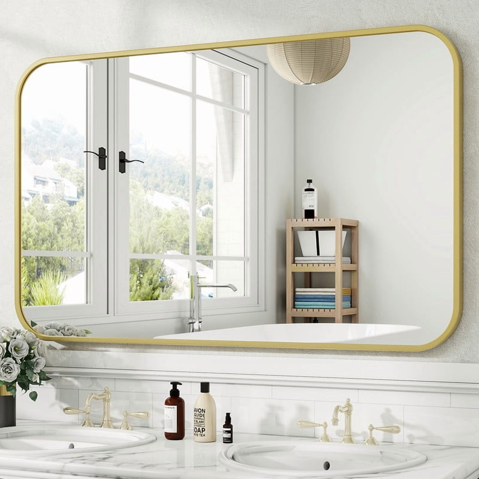 Easy4Home 48"x30" Rectangular Bathroom Mirror Hanging Rounded Corners Vanity Mirror Wall Mounted, Gold