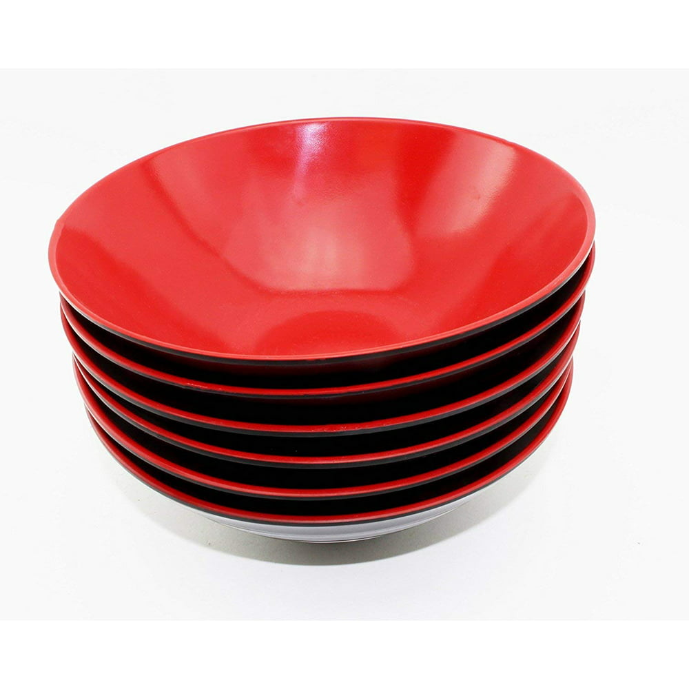 Set of 6 Japanese Ramen Noodle Bowls ~Made of Melamine, Red & Black