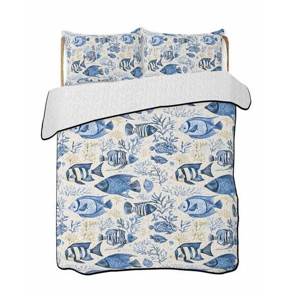 Tropical Marine Life Quilts Bedding Set Queen Size Watercolor Blue Fish Coral Lightweight Quilted Bedspread 3 Piece Bed Quilt with 2 Pillow Shams All Season for Bedroom 78" x 90"