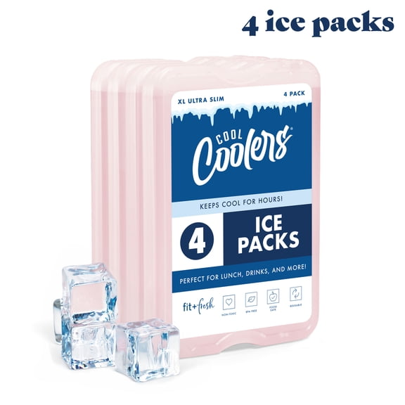 Cool Coolers by Fit & Fresh XL Slim Ice Packs, Space Saving Reusable Ice Packs for Lunch Boxes, Freezer Packs, Reusable Ice Packs for Lunch Boxes & Coolers, 4pk, Pink