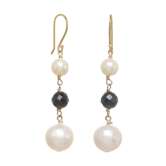 LTC Designs 14k Gold-Filled Fishhook Earrings with Cultured Freshwater Pearls and Onyx for Adults