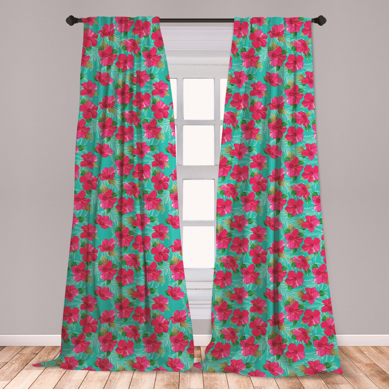 Hawaiian Curtains 2 Panels Set, Botanical Garden Pattern with Pink