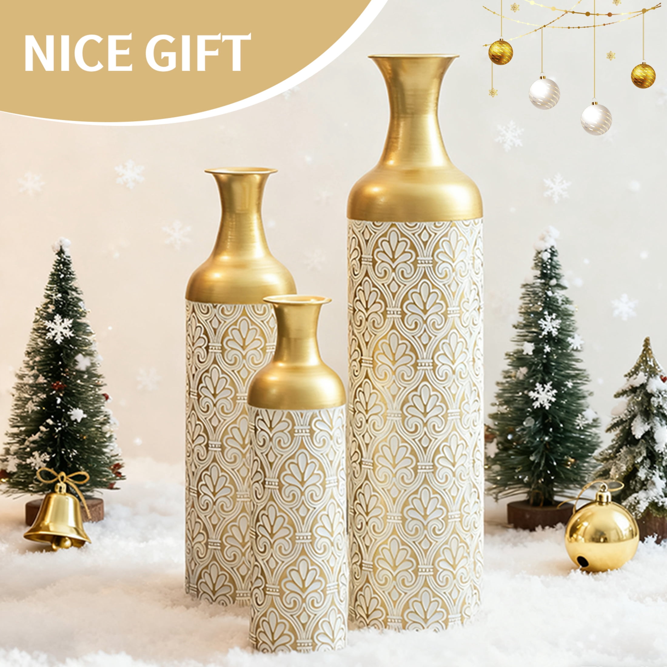 Noble House 3-Piece Metal Vase Set, Tall Embossed Decorative Cylinder Vases, Gold + White