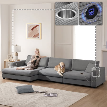 EchelonHome 134*54" Oversized Corduroy Sectional Sofa,L Shaped Cloud Couch with USB Charging Port,Cup Holder,Deep and Wide Seat Sofa with 50" Chaise, Living Room,3 Colors