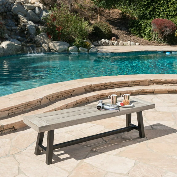 63" Rustic Outdoor Dining Bench with Acacia Wood Bench Top & Metal Frame, Light Grey   Black