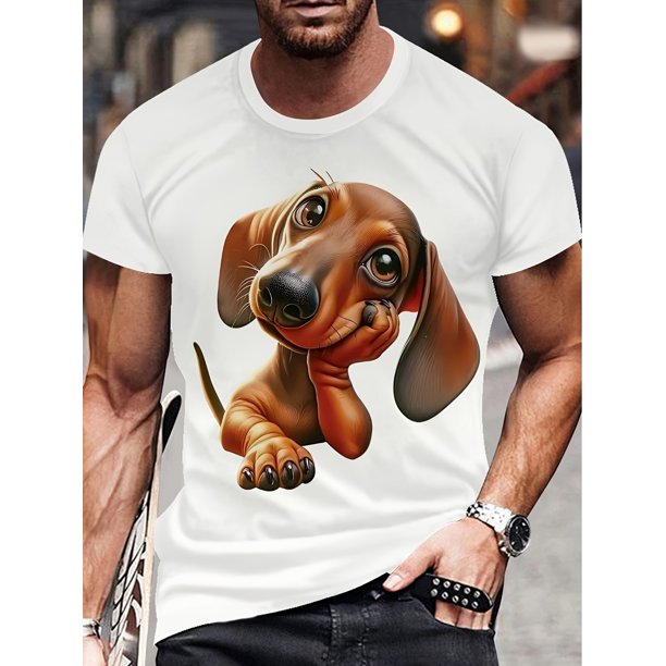 Camiseta con estampado de perro 3D para hombre, informal y cómoda, de verano, 100 % poliéster, cuello redondo, manga corta, tejido de punto, corte regular, con estampado de transferencia de calor para