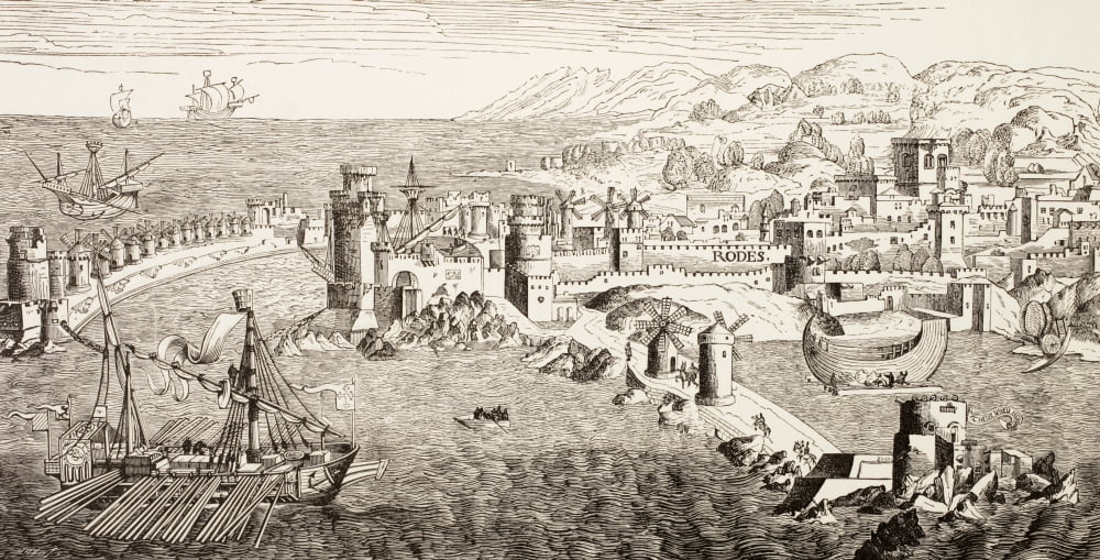 Plan Of The Island Of Rhodes Greece In The 15Th Century After Topographical Plan In The Saintes Peregrinations De Hierusalem By Breydenbach Originally Published In Lyons 1488 From Military And Religio