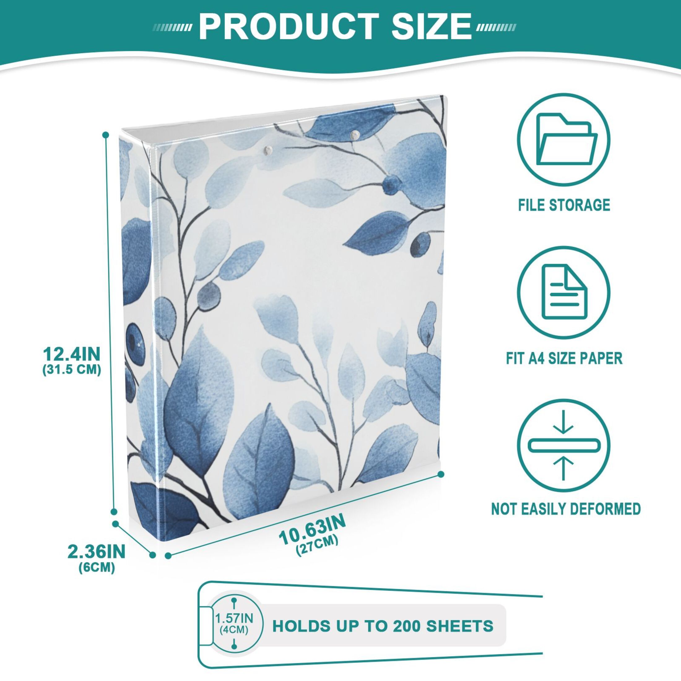 Blueberries and Leaves 3 Ring Binders 1.5 inch Hardcover File Folders with Interior Pockets A4 Size Organizer for School Office Hospital