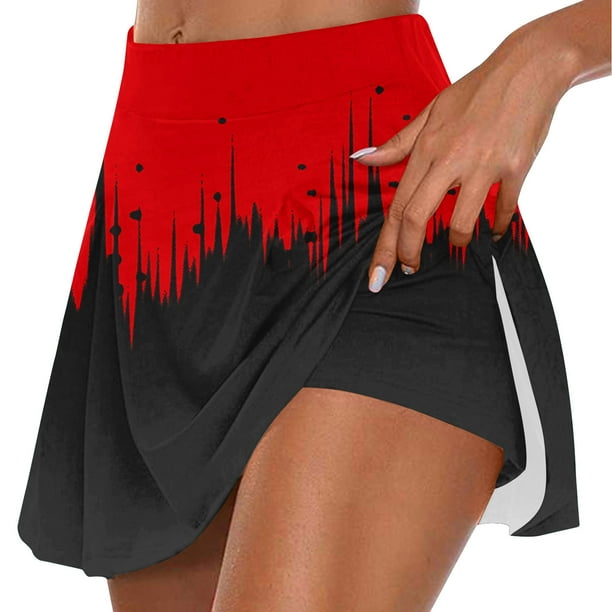 Faldas de Verano para las Mujeres Impresión Hoja Plisado Tenis Atlético Elástico Pantalones Cortos, Falso Dos Piezas Pantalones Falda para Diario