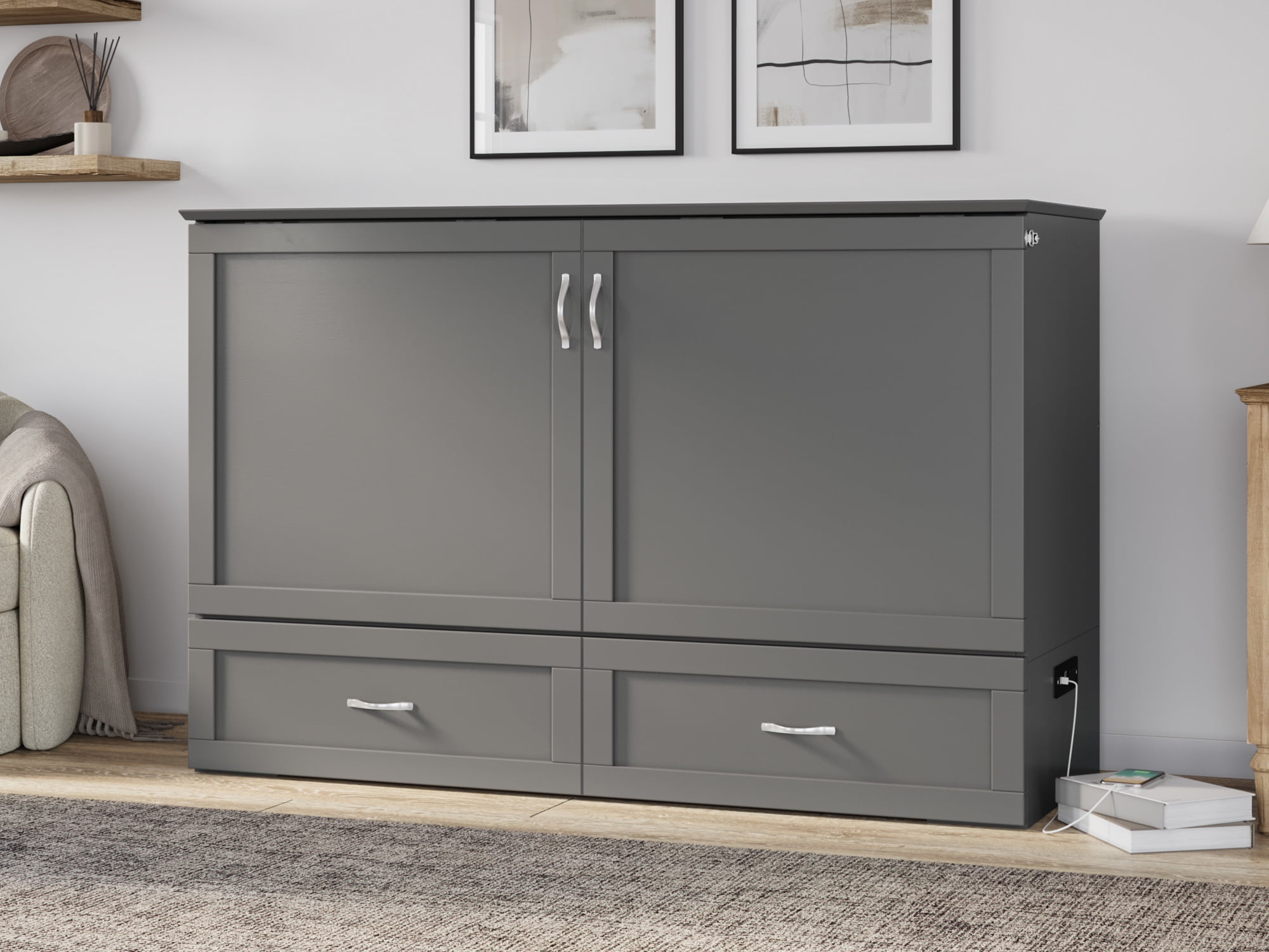 AFI Raleigh Queen Murphy Bed Chest with Mattress, Storage & Built-in Charging, Grey