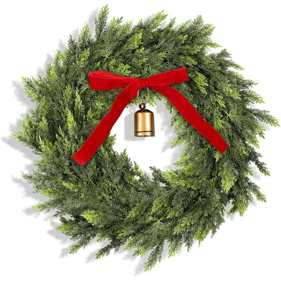 HaCpiu 20" Real Touch Christmas Cedar Wreath, Artificial Cedar Wreaths for Front Door, Winter Green Fake Pine Cypress Wreath with Vintage Bow, for Window Outdoor Indoor Wall Home Xmas Holiday Decor