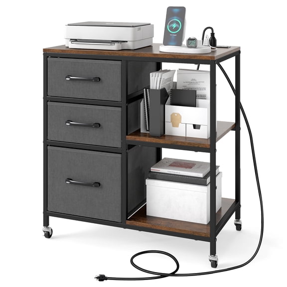 Gymax 3 Drawer Mobile File Cabinet w/ Charging Station Storage Cabinet on Wheels