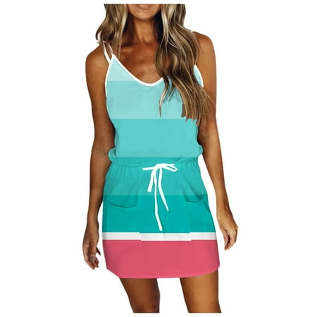 Blphud Womens Shoes Dressy Casual Tunic Dresses for Summer Women Summer Sleeveless Strap Beach Dress Drawstring Casual Printed Pocket Dress plus Size Women Party Dress Formal Mint Green XXL