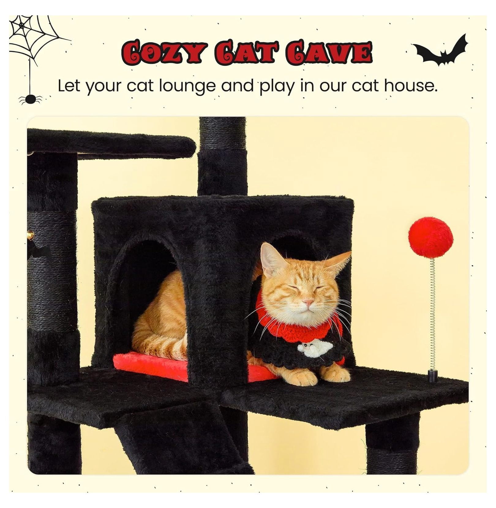 Gothic Cat Tree for Indoor Cats, 63.8" Multi-Level Tower - Black Cat Condo with Sisal Scratching Posts, Hammock & Bat Toys