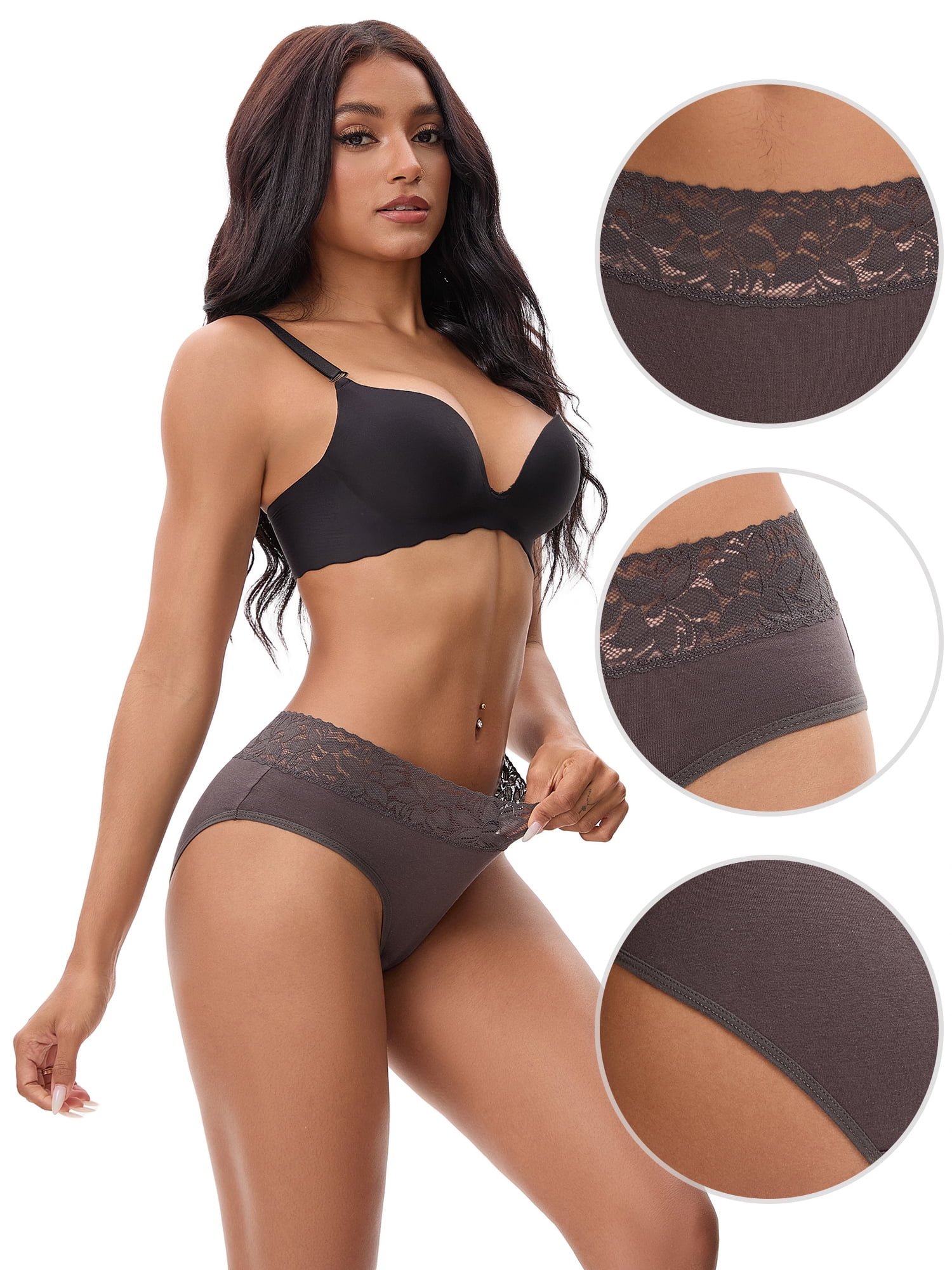 Unique Bargains Lace Mid Rise Briefs Underwear L Dark Grey