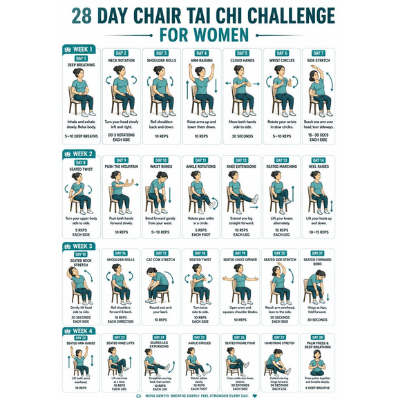DailyMood 28 Day Chair Tai Chi Challenge for Women Seated Fitness Workout Unframed Poster Chart Multicolor