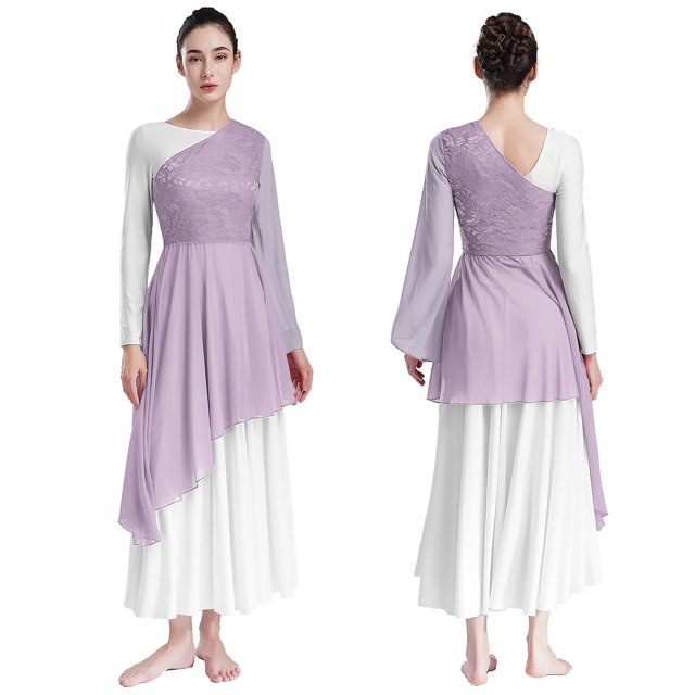 TiaoBug Robe Tunique en Dentelle Florale pour Femmes, Manches Évasées, Ourlet Asymétrique, Violet Clair TG