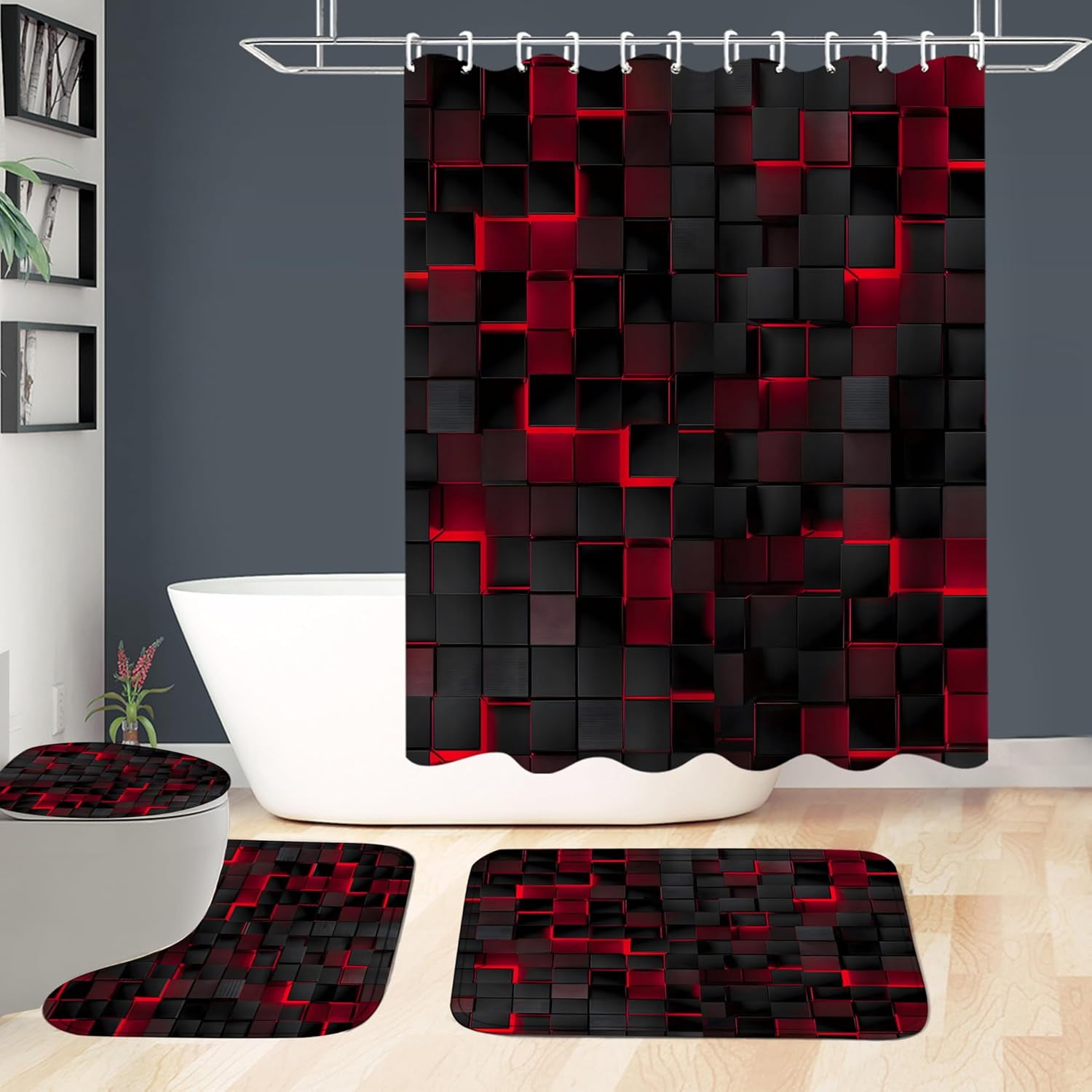 4Pcs Shower Curtain Set Black 3D Cubes Shower Curtain Set Modern Bathroom Sets with Shower Curtain and Rugs Red Shower Curtain with 12 Hooks