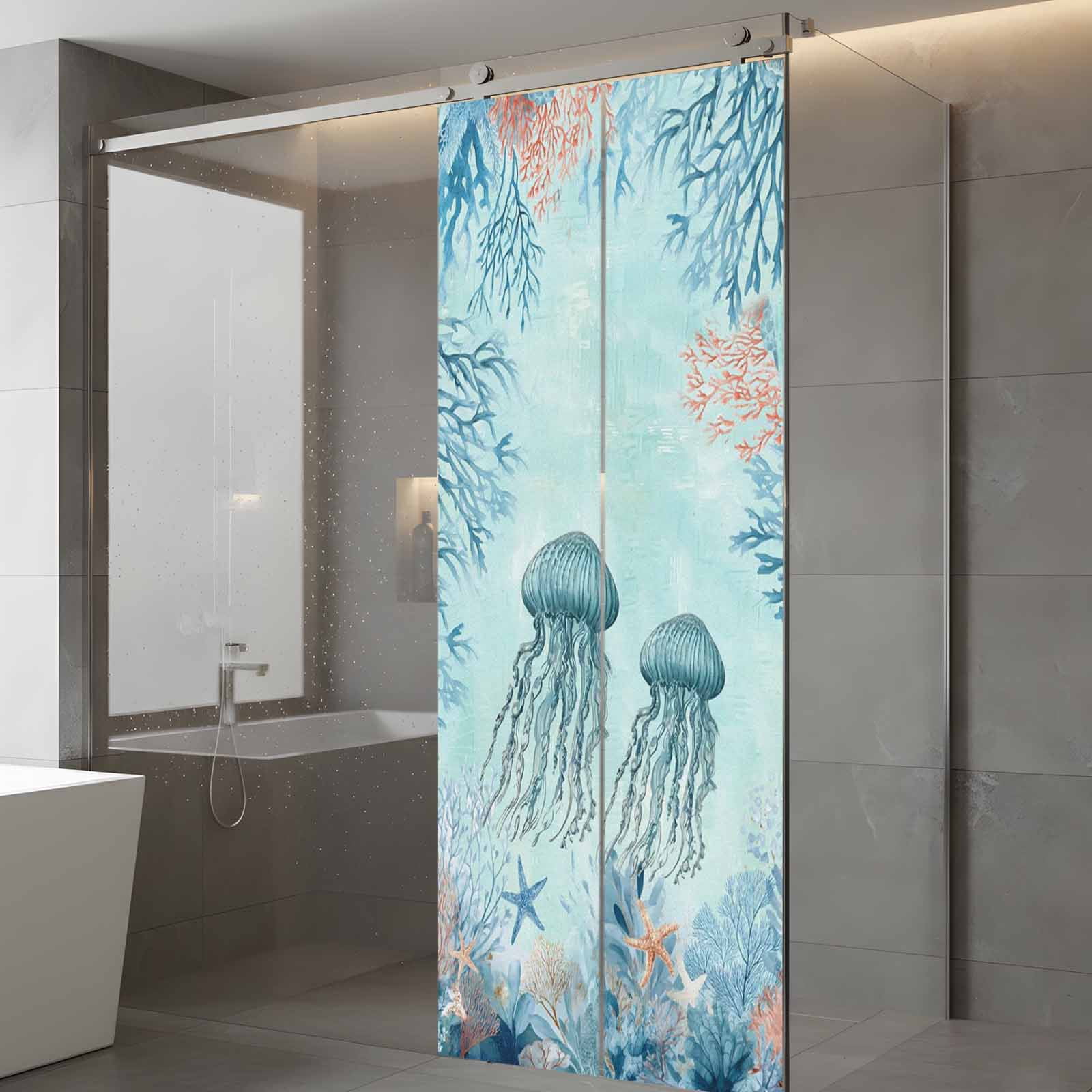 Summer Oceans Window Privacy Film, Teal Blue Jellyfish Corals Starfish Marine Life Frosted Glass Window Clings Static Cling UV Heat Blocking Reusable Door Sticker for Bathroom 23.6 x 59 Inch