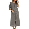 thumbnail image 5 of Women Zipper Robe 3/4 Sleeves Loungewear Nightgowns Full Length Sleepwear Pockets Housecoat Long Soft Bathrobe PJs, 5 of 7