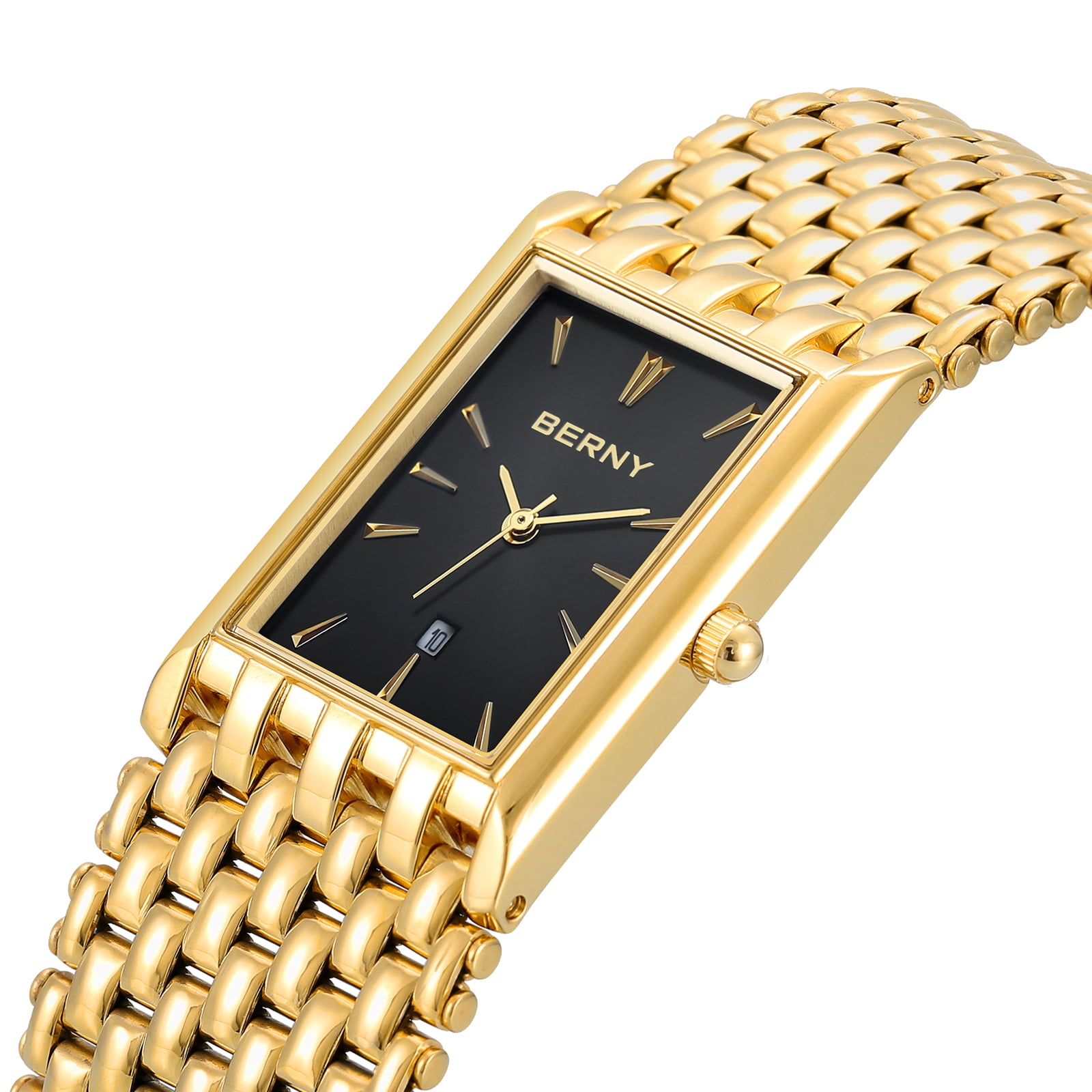 BERNY Men's Gold Rectangular Watch, Stainless Steel Quartz Wristwatch, Date Function, 3ATM Waterproof, Folding Clasp, Business Dress Watch for Men, Gift for Him (Black)