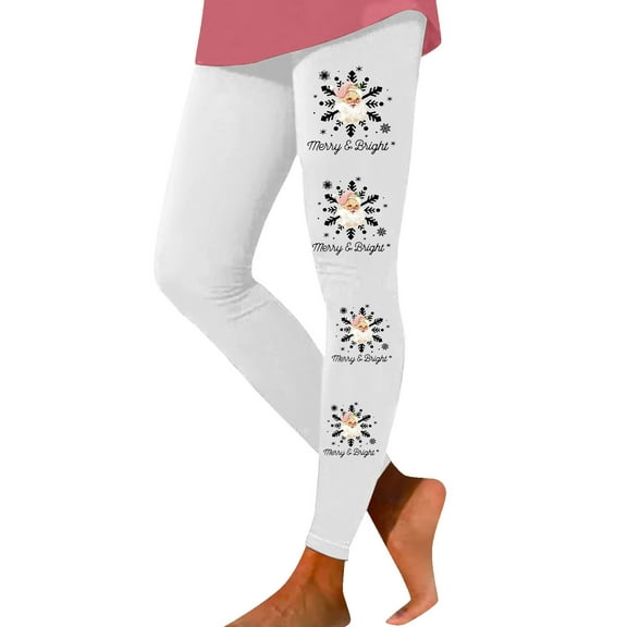 Fiaer Merry Christmas Leggings for Women Santa Snowflake Graphic Plus Size Pants High Waisted Cozy Pink Tight Trousers White XL