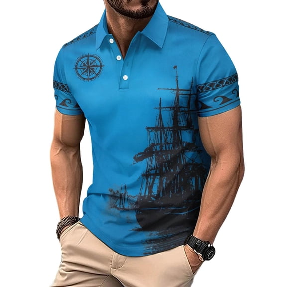 TKKCS Mens Graphic Polo Shirts- Summer Lightweight Casual Breathable Regualar Fit Short Sleeve Collared Shirts Blue Size XL