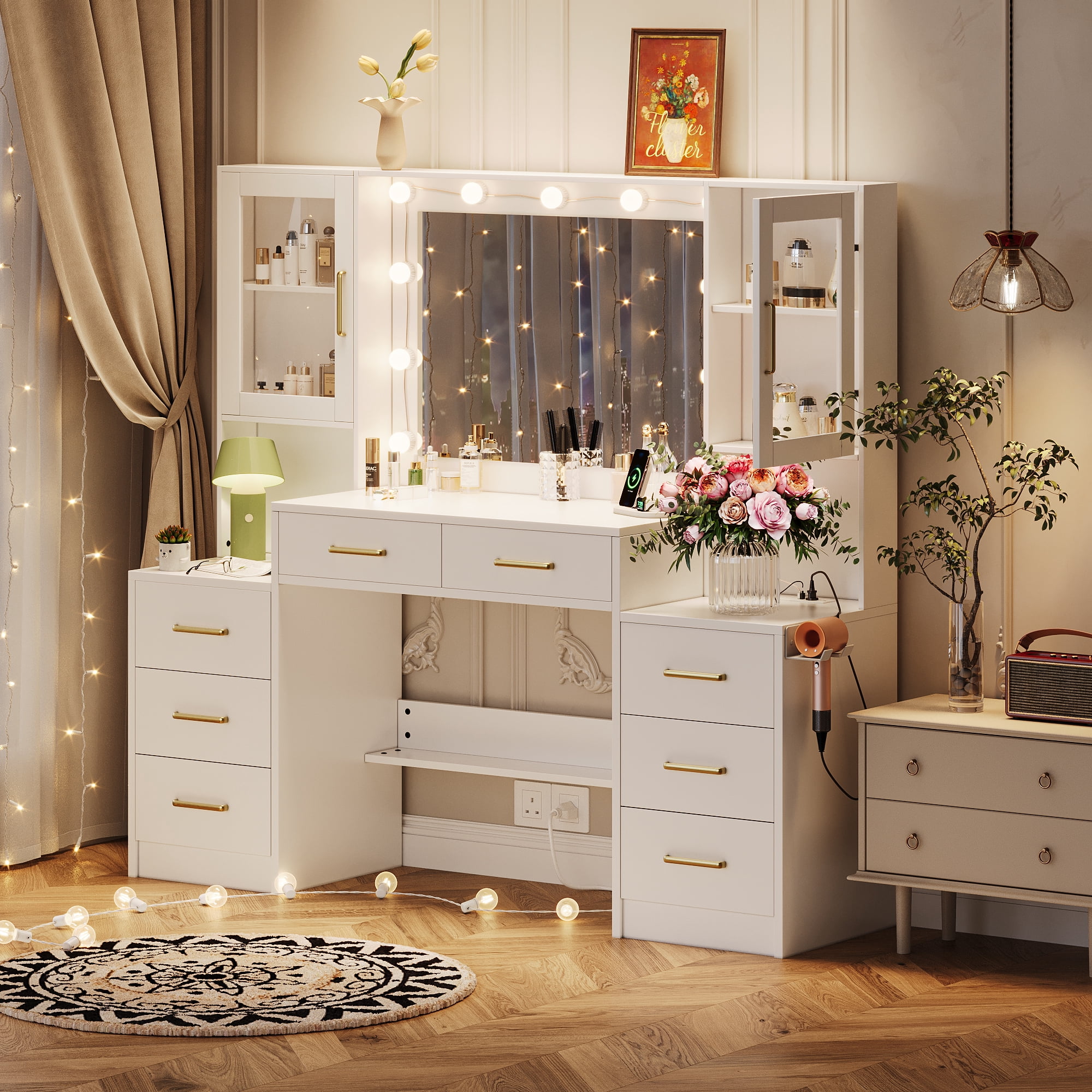 UGTOO White Modern Vanity Set – 8-Drawer Dresser with LED Mirror & Charging Station (58.27"L x 15.75"W)