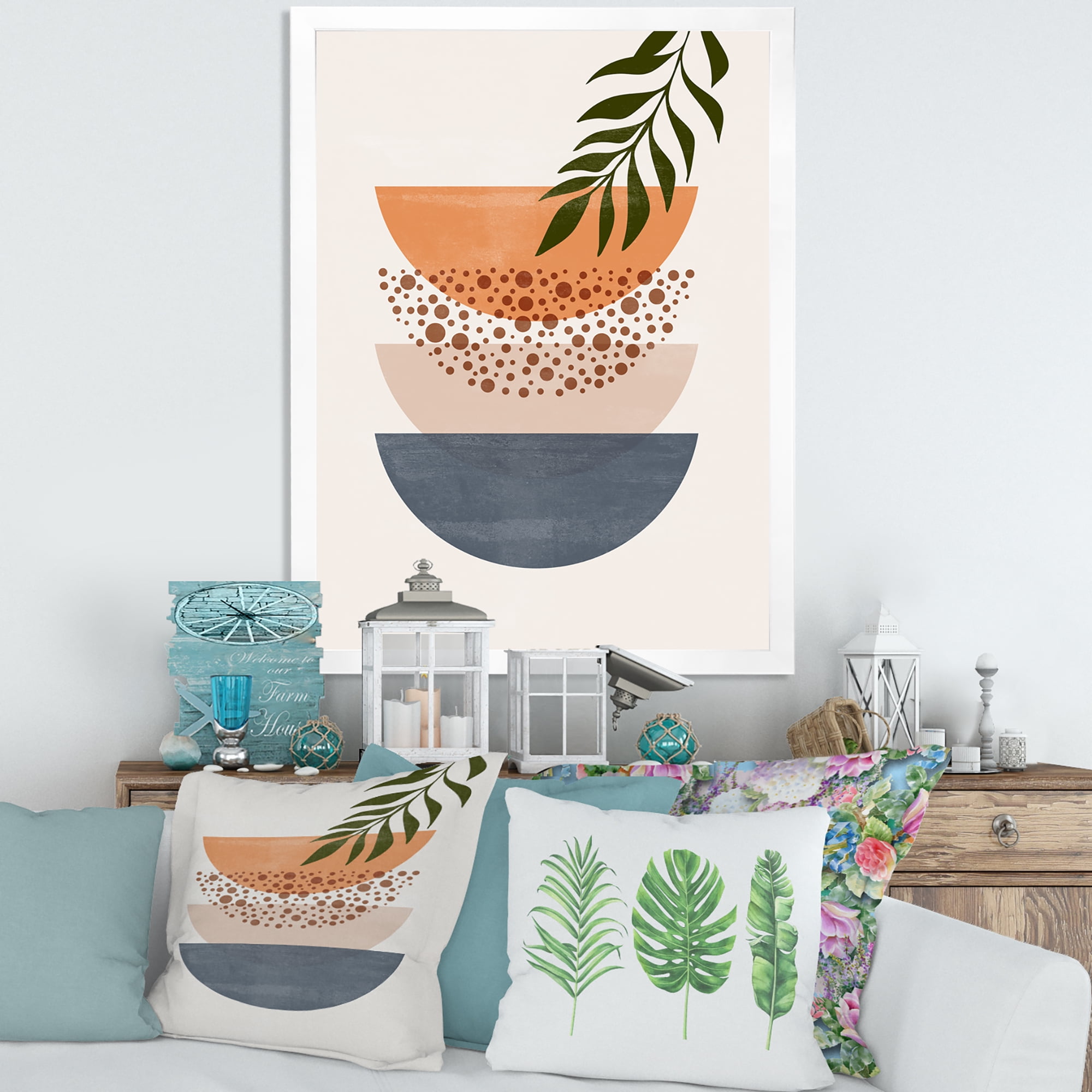 Designart 'Abstract Geometrical Moon and Sun With Leaf III' Modern Framed Art Print