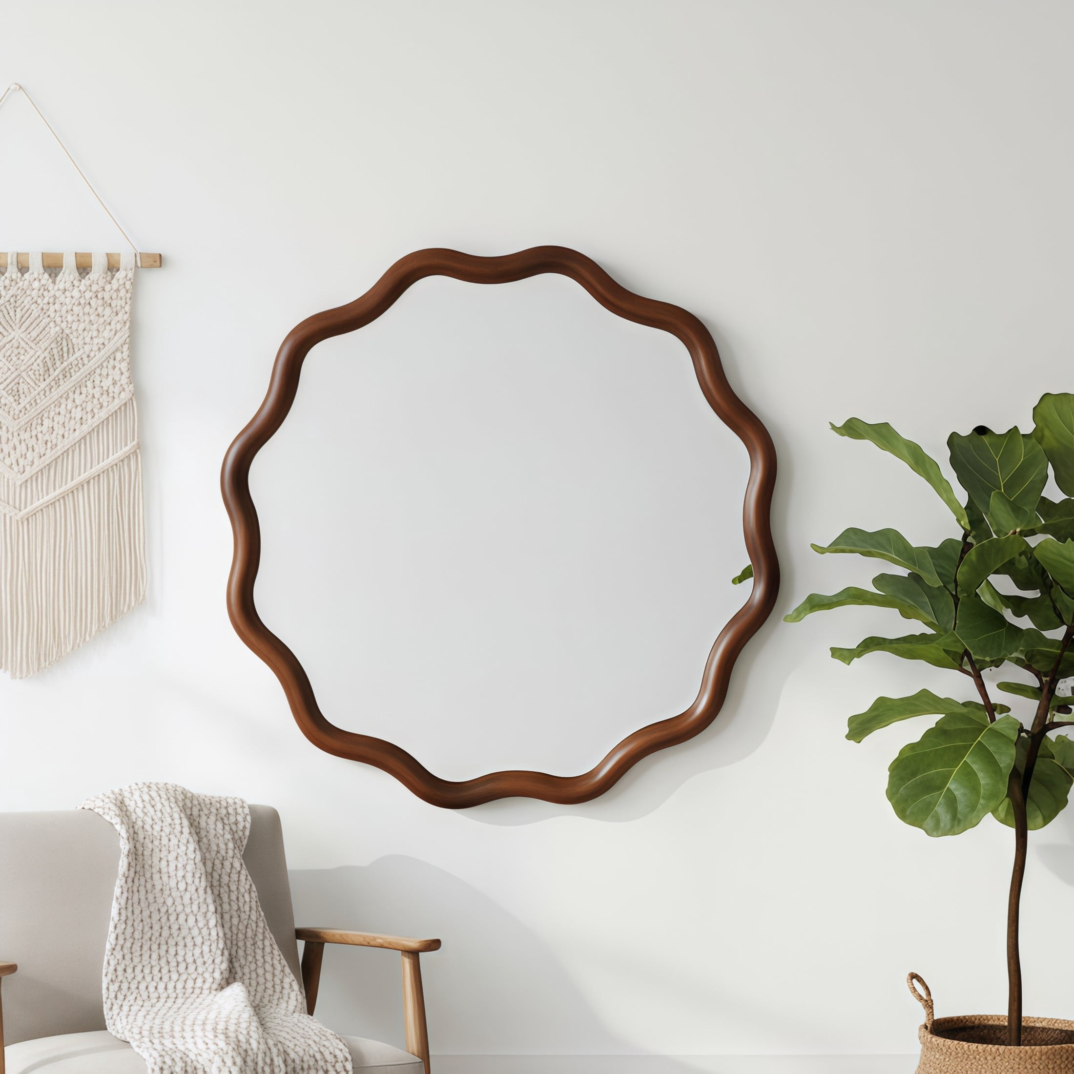 Noble House 24" Wavy Round Wall Mirror, Asymmetrical Solid Wood Decorative Accent Mirror for Entryway, Walnut