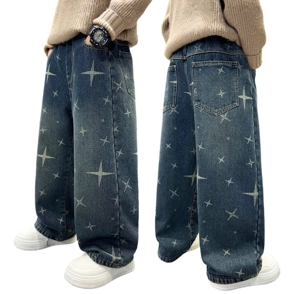 WMQPNNS Boy's Casual Wide Leg Jeans Ripped Baggy Denim Pants Boys Jeans Size 10 Streetwear with Elastic Waist and Pockets, Size 15-16 Years,5-Blue