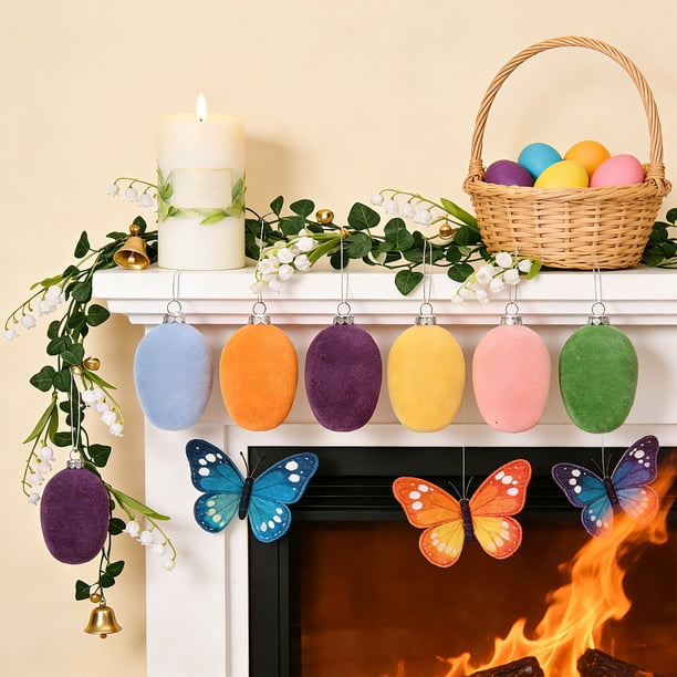 Paquete de 12 colgantes de huevos de Pascua flocados de 6 cm