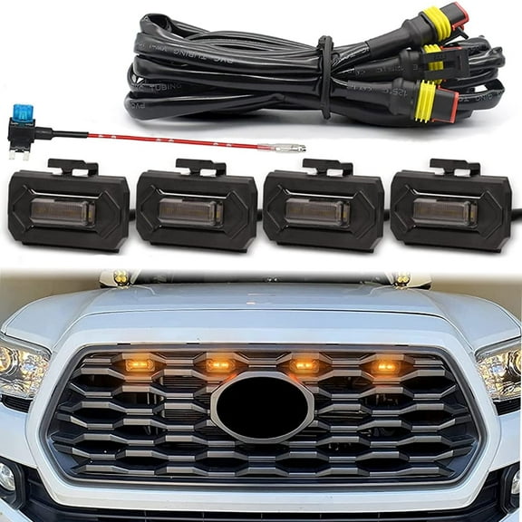 MAXHAWK LED Grill Light Kit Compatible with 2020-2023 Toyota Tacoma TRD Off Road & Sport OEM / Aftermarket Replacement Grill ~ 4pcs Smoked Lens Amber LED ~ Wiring Harness Splitter & Fuse
