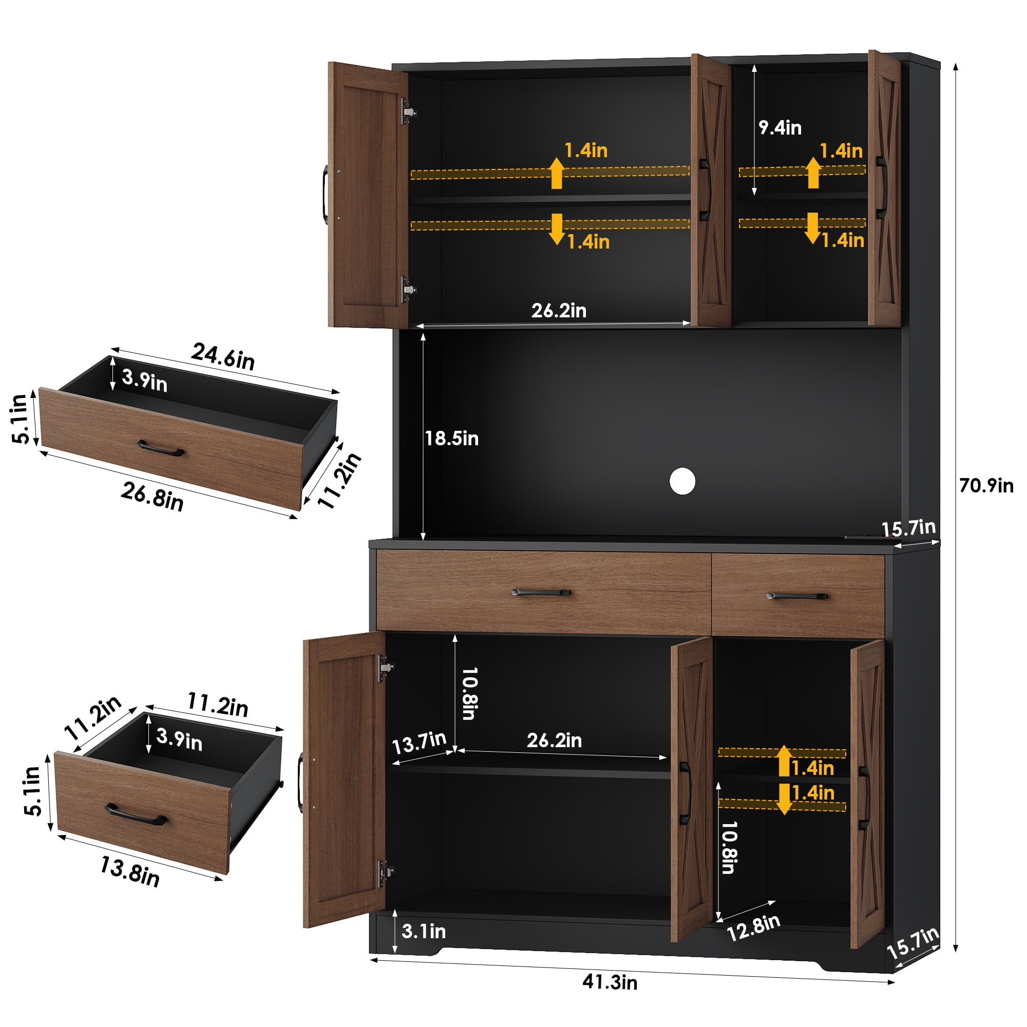 Homfa 71" Kitchen Pantry with Charging Station, Freestanding Cupboard with Adjustable Shelves, Floor Cabinet for Dining Room, Black&Brown
