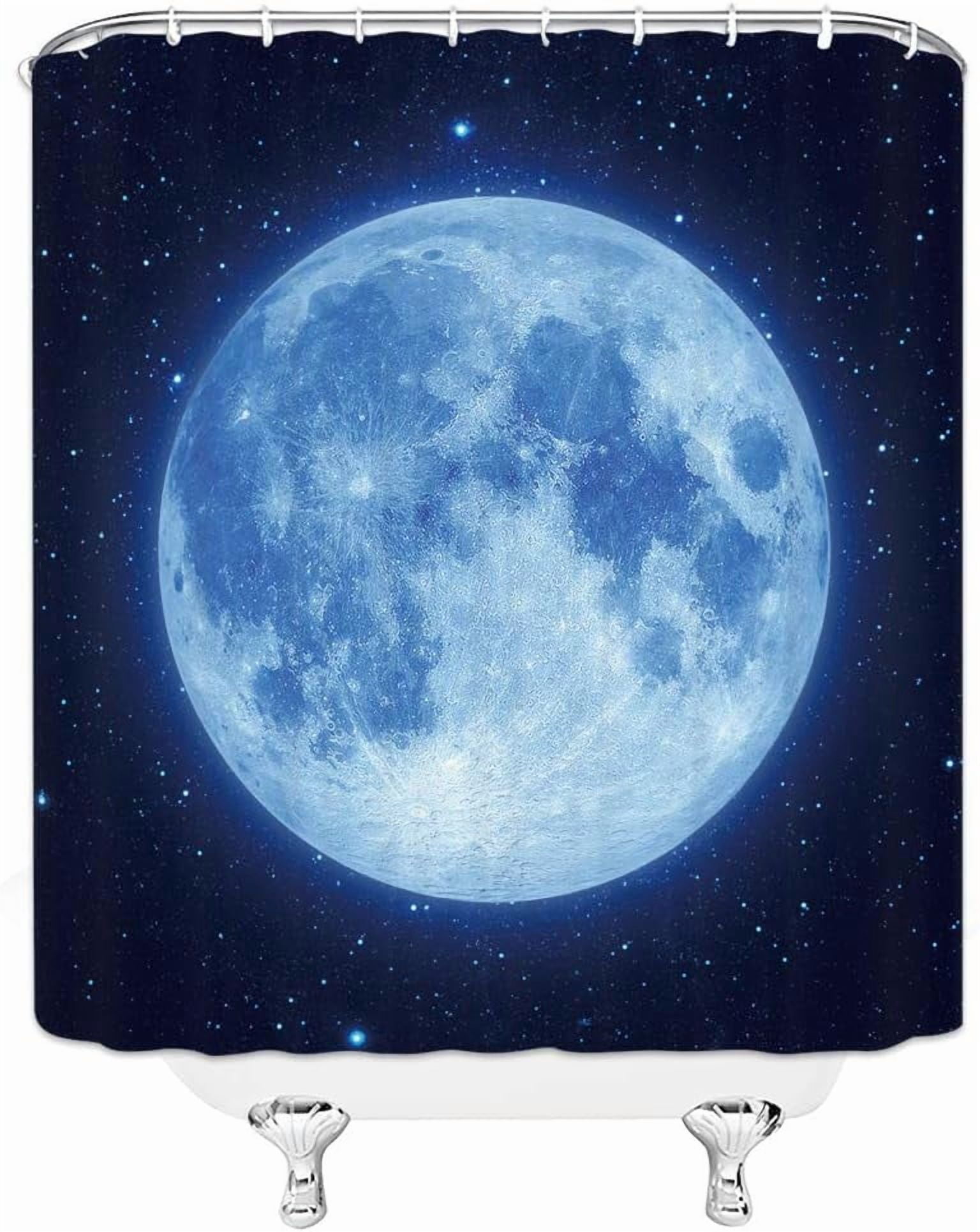 Amazing Moon Shower Curtain Beautiful Fantasy Starry Sky Glowing Moon Blue Navy Black Bathroom Curtains Decor Polyester Fabric Include Hooks(70" WX70 H)