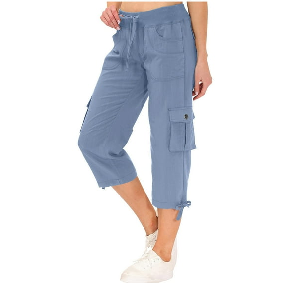 LOVZFMLL Pantalon Capri pour Femmes, Pantalons Capris avec Poches Amples Décontractés Chic Shorts Cargo Amples pour Dames pour la Randonnée Bleu Pâle, 2TG