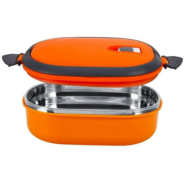 Lunch Box for Student, 304 Stainless Bento Box for Kids and Adults, Thermal Insulation Bento Box in orange color. A food storage container with a two-layer design featuring stainless steel interior, arched handle for comfortable carrying, and ring seal for tightness. Includes an air hole for easy opening and keeps food warm for 3-4 hours.