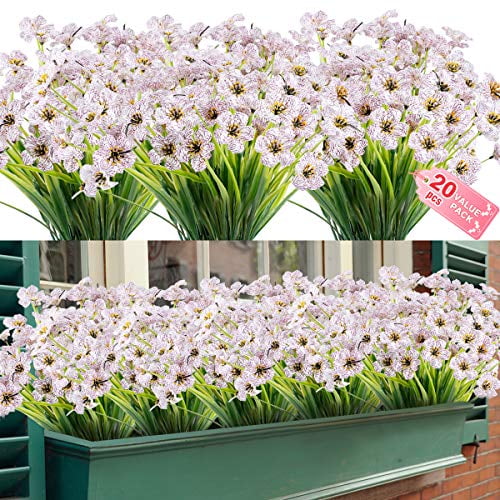 20 Bundles Artificial Outdoor Flowers UV Resistant Fake Flowers No Fade Faux Plastic Greenery Shrubs Garden Porch Window Box Decorating(White)