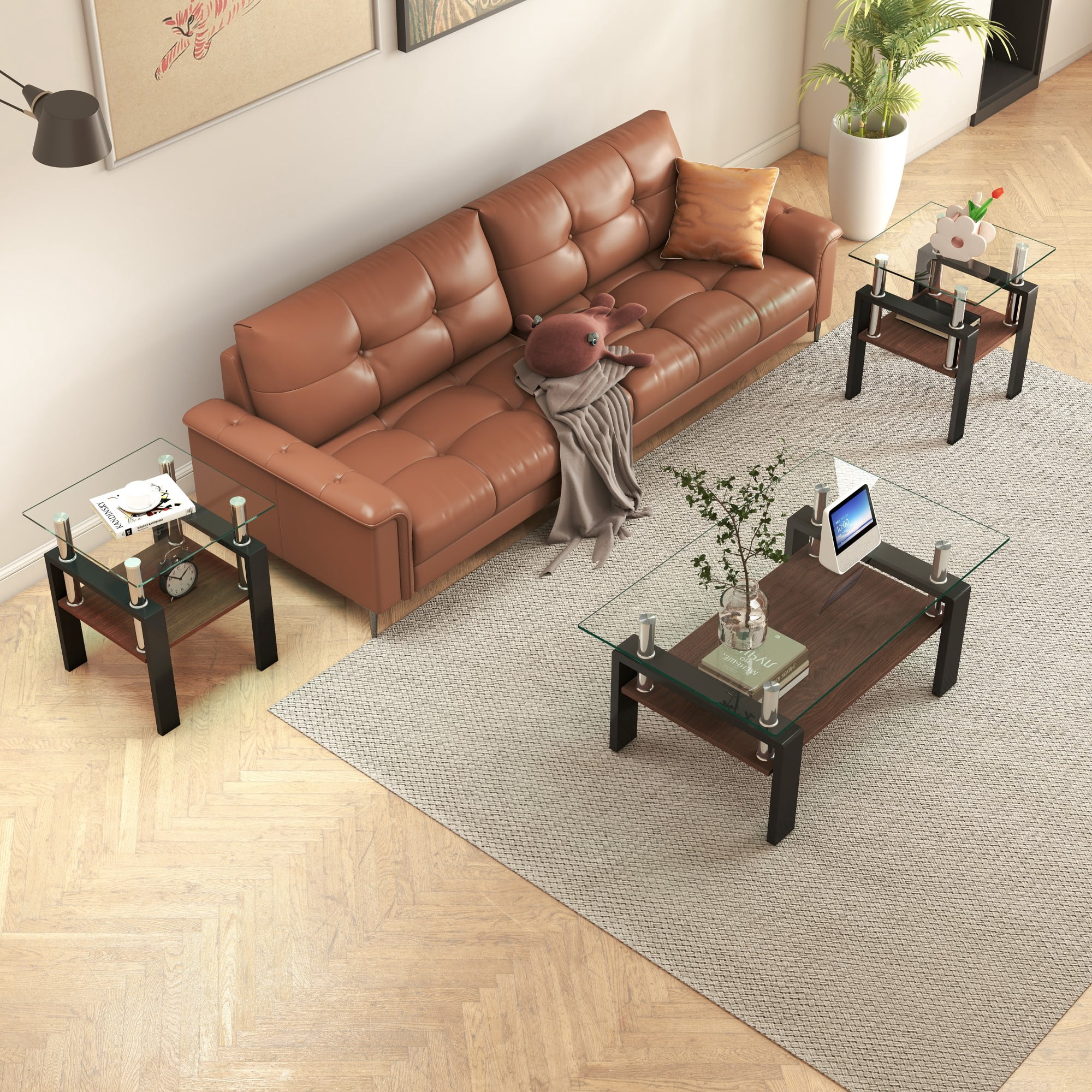 Euroco Set of 2 Modern Tempered Glass Tea Table,Tempered Glass Tabletop with MDF Layer,Coffee Table,End Table, Square Table for Living Room, Transparent/Black