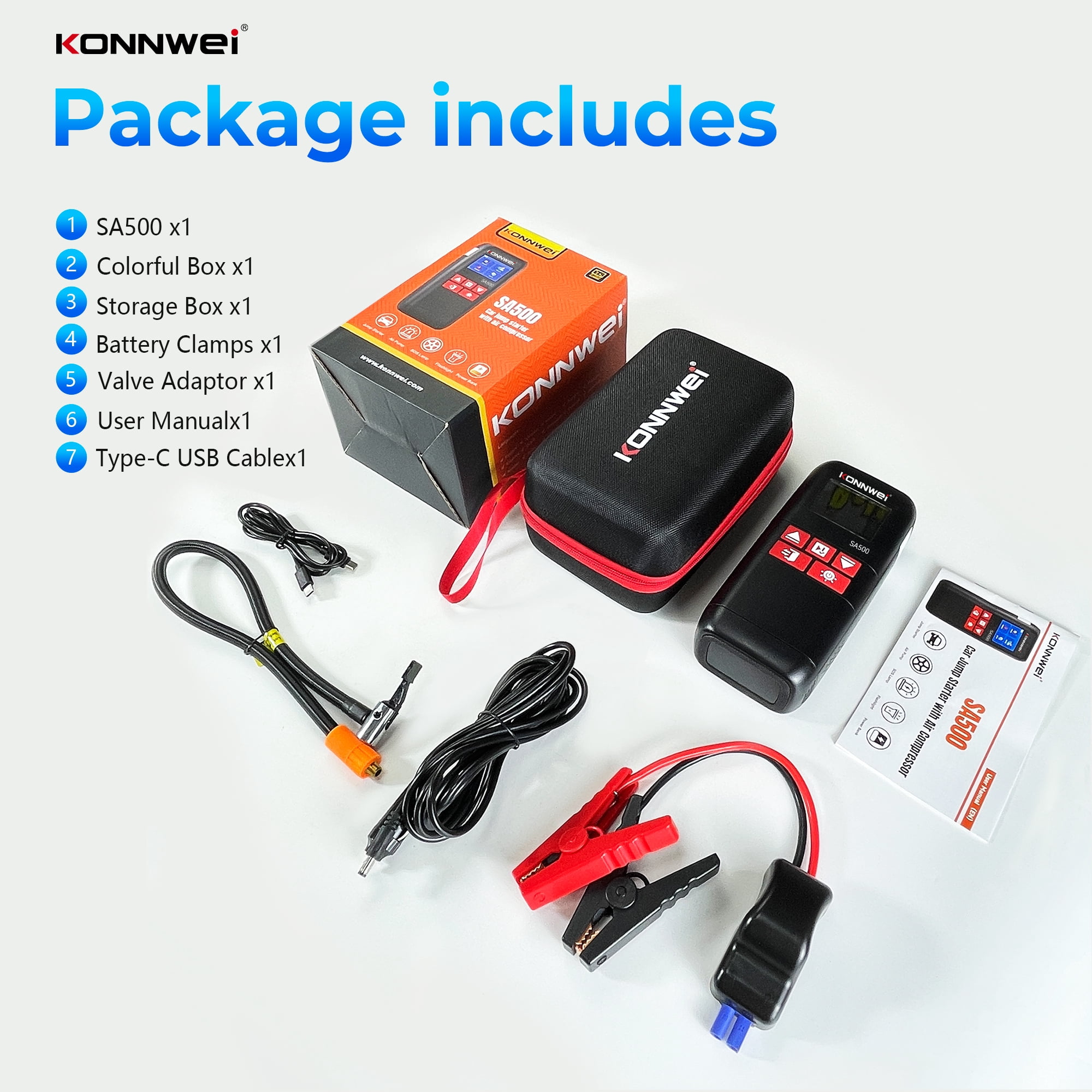 KONNWEI SA500 Jump Starter with Air Compressor, 2000A 10400mAh, 150PSI Tire Inflator, Power Bank LED Light 12V Booster