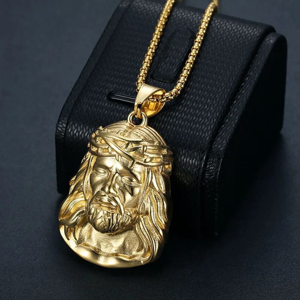 Men's 14K Gold Filled Punk Jesus Head Pendant Necklace, Personalized Catholic Religious Chic Fine Spiritual Jewelry Gift