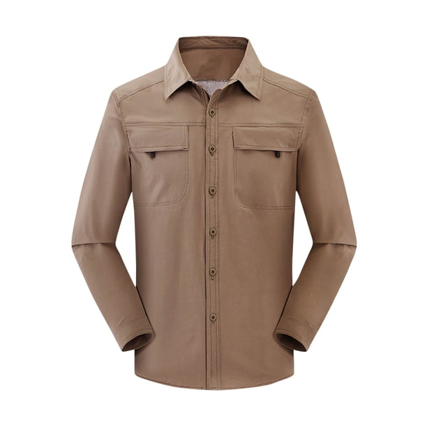 Blusa y camisa de manga larga con cuello vuelto para hombre, estilo casual, color liso, bolsillos cargo, botones y cremallera, blusa de manga larga con cuello vuelto, blusa de poliéster para hombre