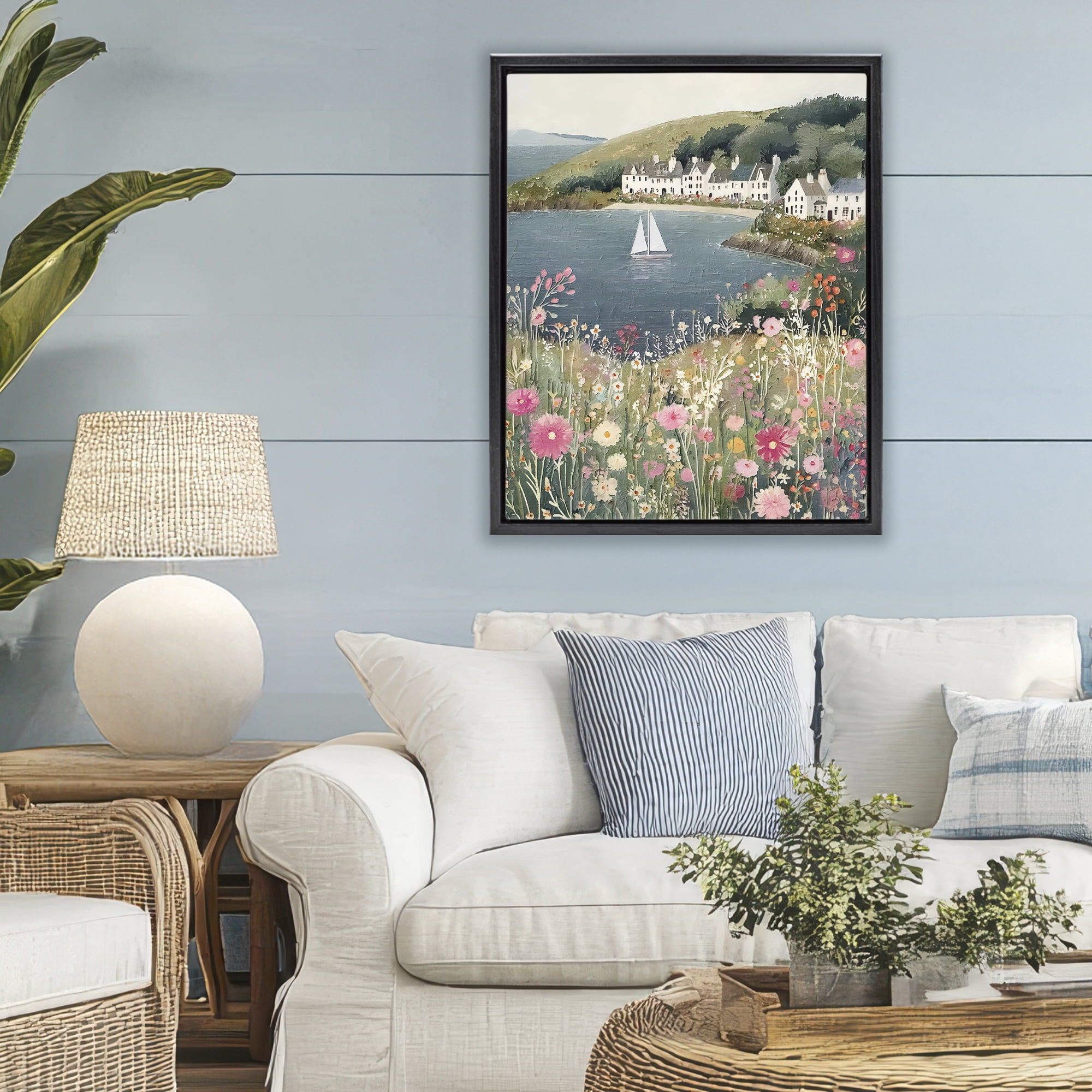 Stupell Industries Clifftop Meadow & Sailboat Black Framed Floater Canvas Wall Art, design by Riley B